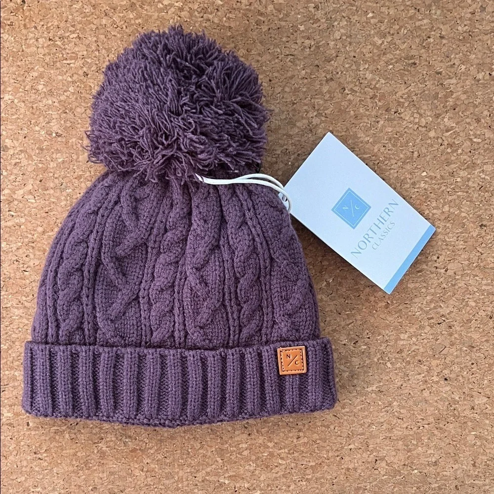 Northern Classics Beanie‎ Kids 9-18M Purple NEW Cable Knit Fleece Lined Pom Hat